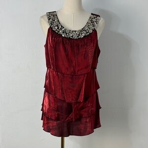 Dress Barn Jeweled Neckline Red Tiered Top Whimsigoth‎ Y2K Dark Romance Glam M